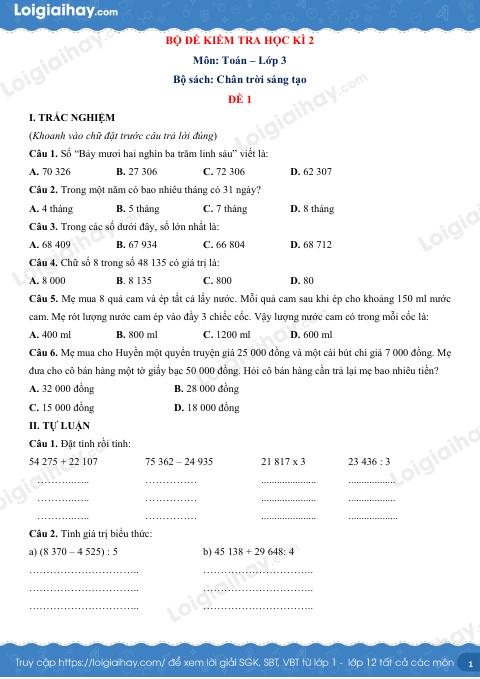 20 đề thi học kì 2 Toán 3 chân trời sáng tạo có đáp án và lời giải chi tiết